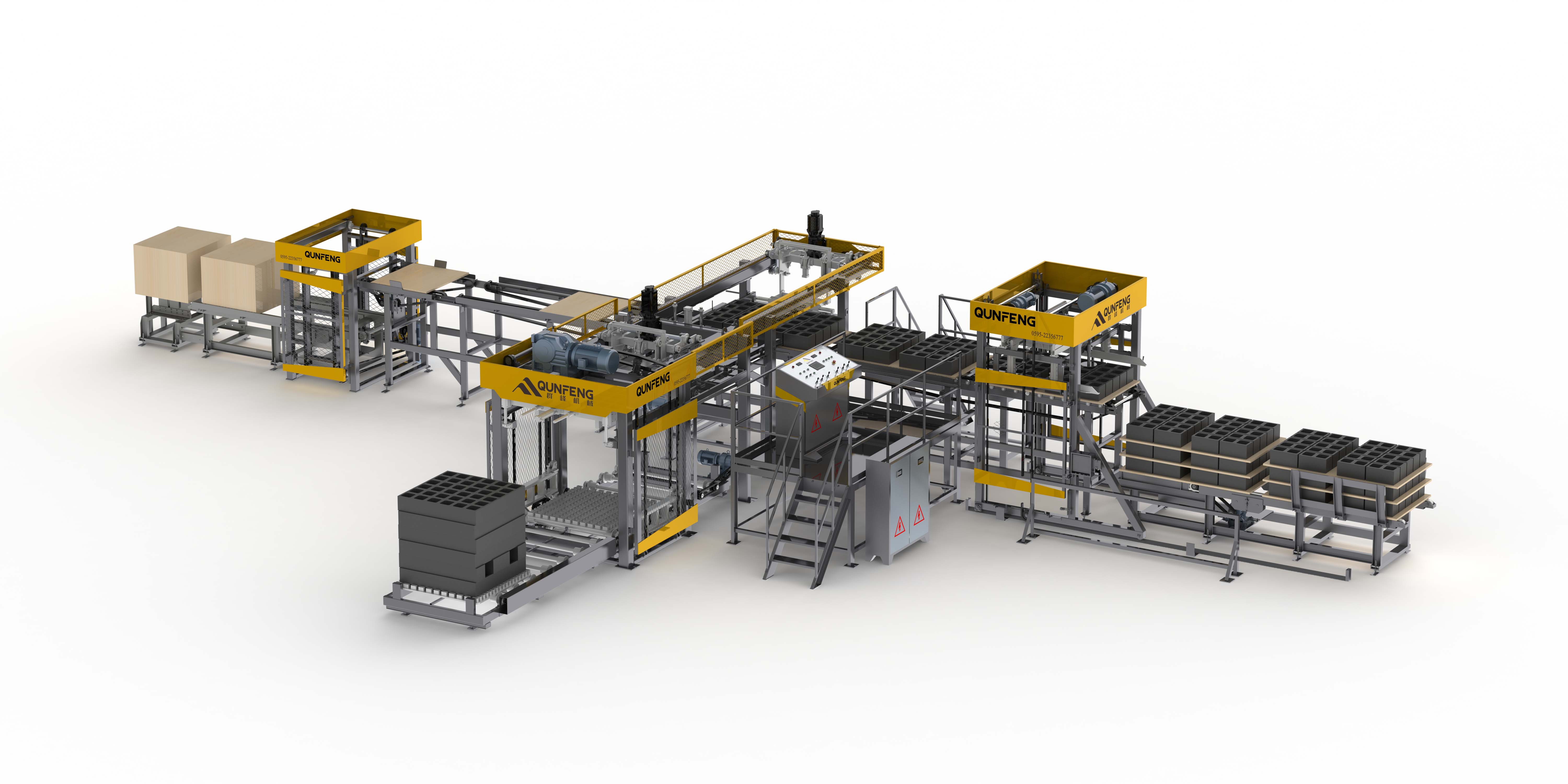 QMD1200D Automatic Low Position Cuber Sistem Palletizing Kedudukan Rendah QMD1200D untuk blok konkrit pandangan hadapan