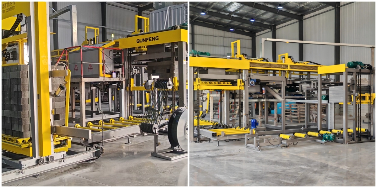 Automatic palletizing system for Qunfeng Machinery’s fully automatic concrete product production line. Sistem palletizing automatik untuk barisan pengeluaran produk konkrit automatik Qunfeng Machinery.